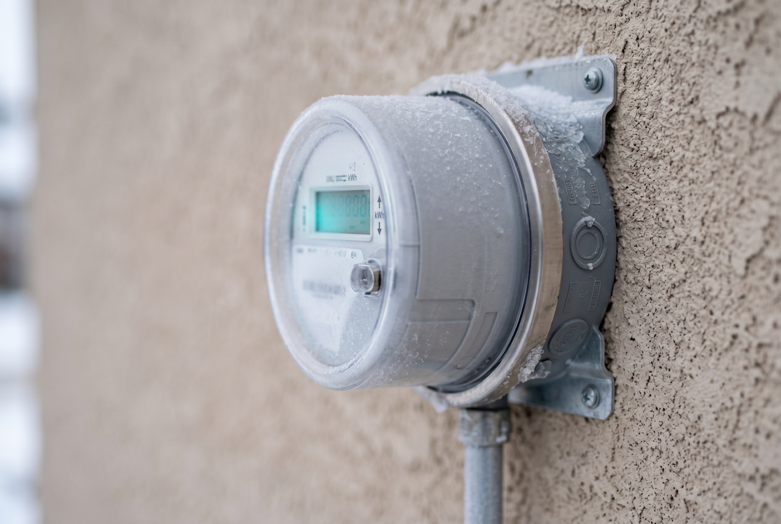 Grey bidirectional smart electricity meter mounted on a frosted home wall