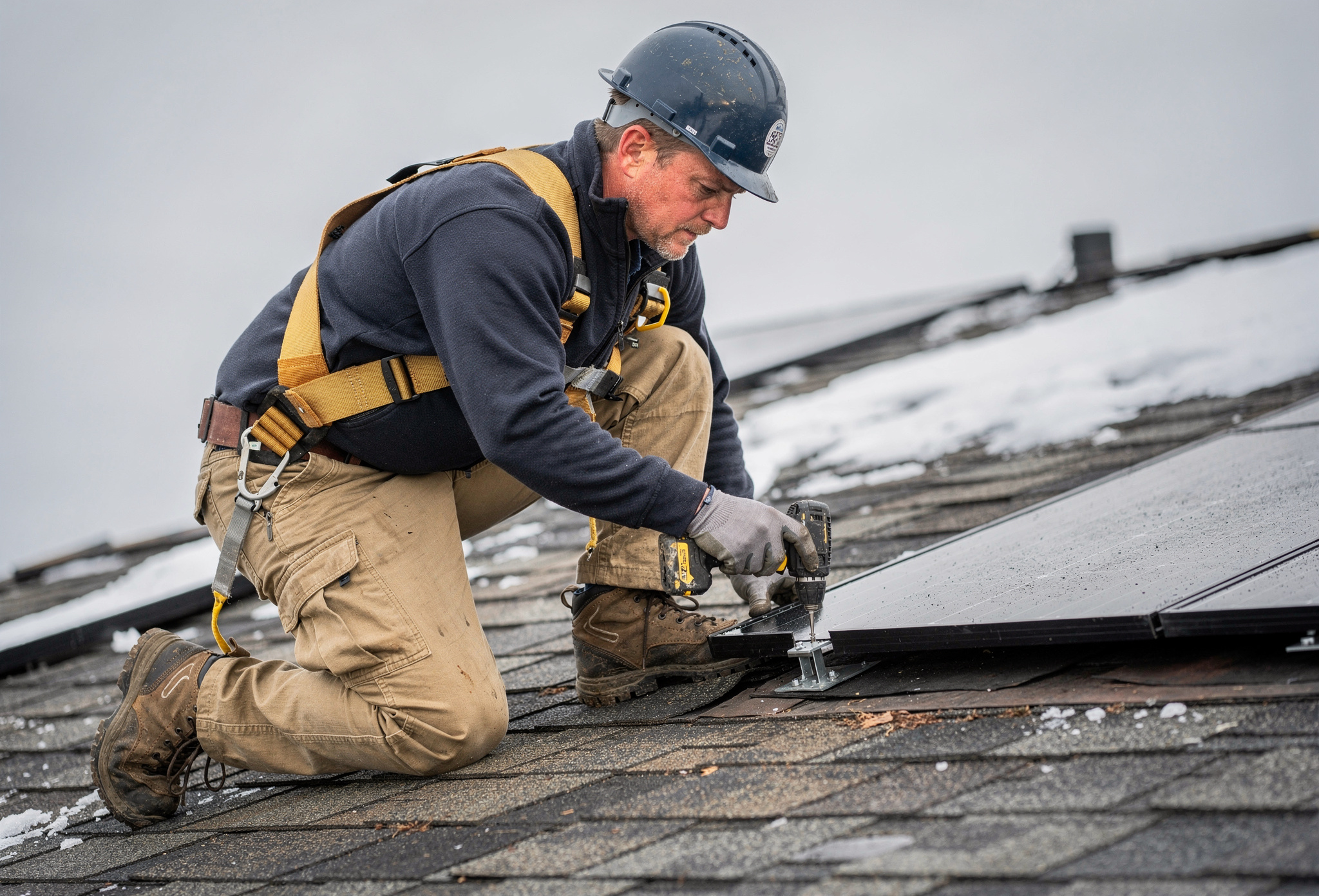 Installer fastening a solar panel mounting rail on a snowy roof