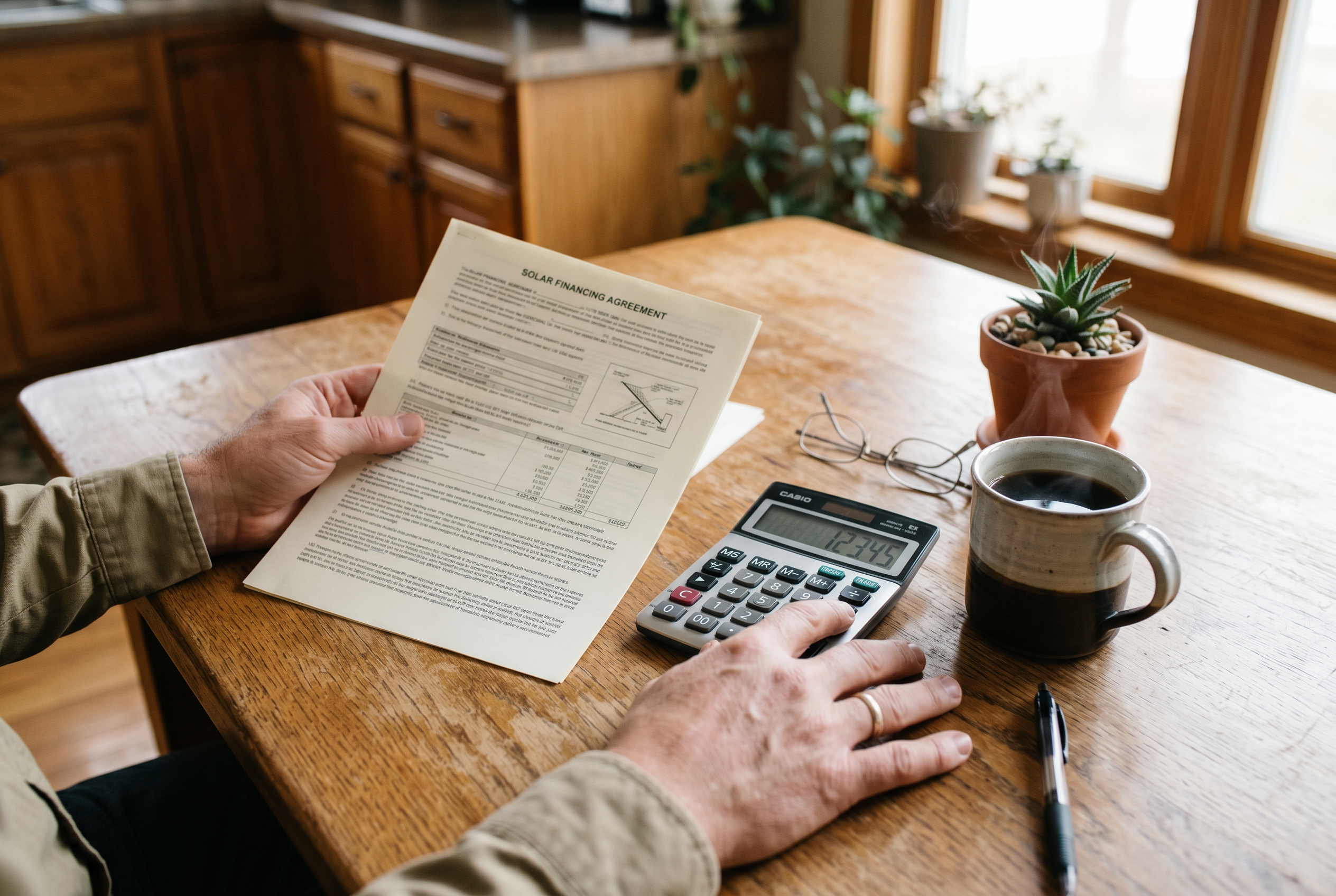 Hands reviewing a solar financing document beside a calculator and coffee