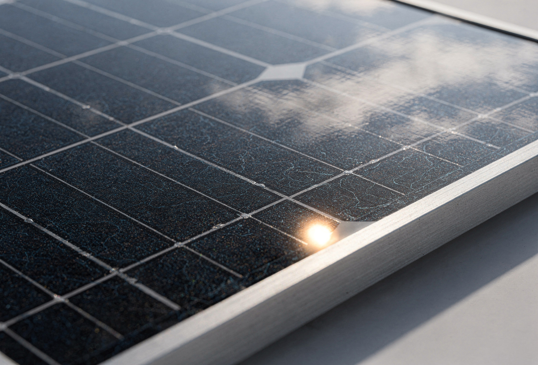 Close-up of a dark monocrystalline solar panel surface and aluminium frame