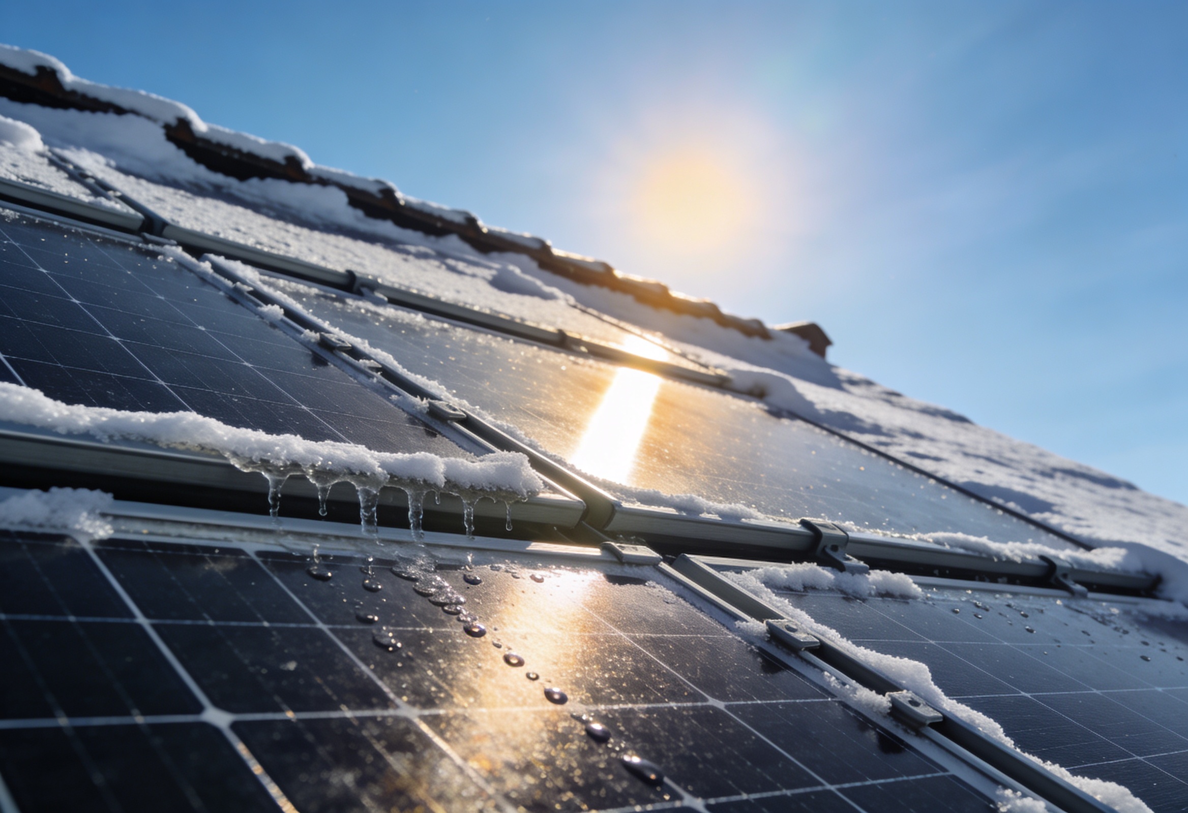 Rooftop solar panels shedding light snow under bright winter sun