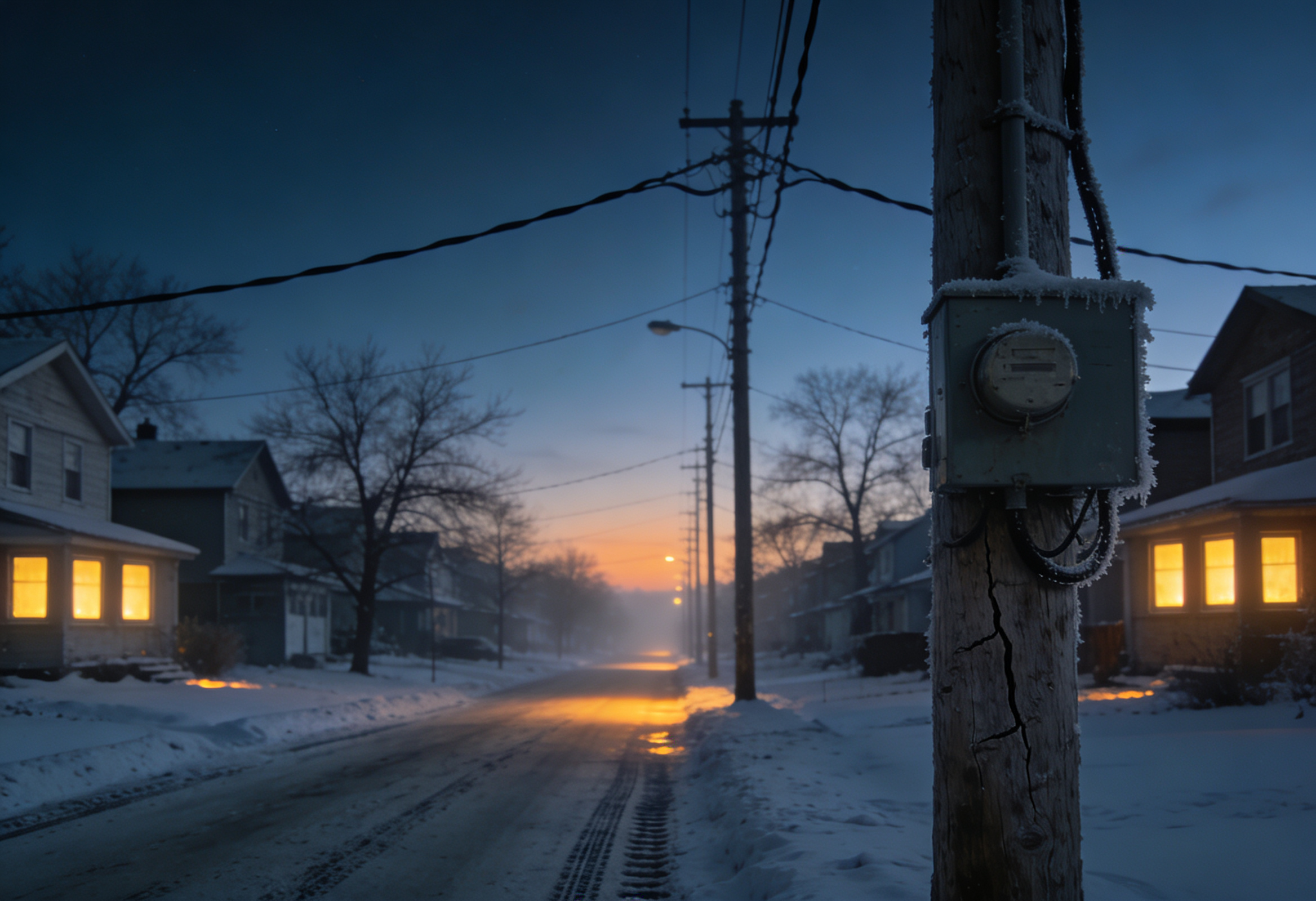Quiet snowy residential street lined with wooden utility poles at dusk